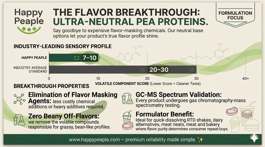 Volatile component score: Happy Peaple 7–10 vs industry average 20–30 (lower = cleaner taste)